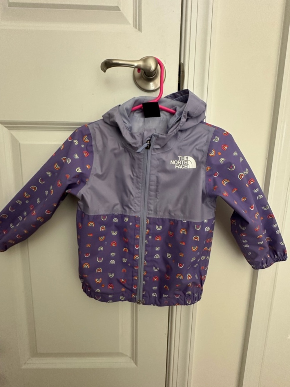 The North Face Lavender Hooded Rain Jacket with Rainbow Motif